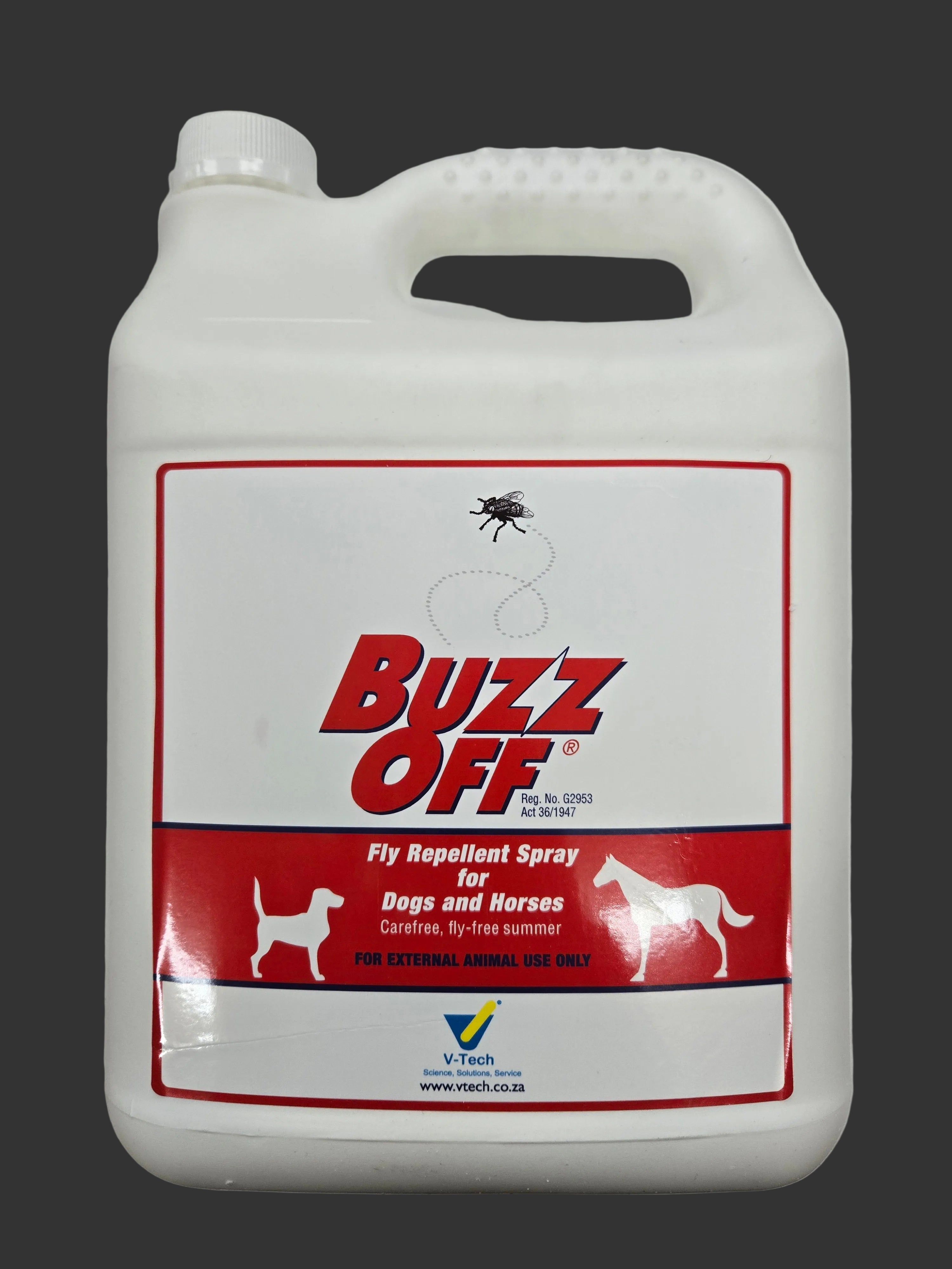 Buzz Off fly repellent spray container on a white background